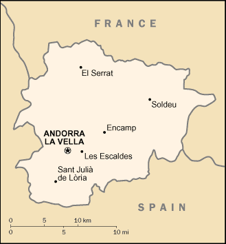 Travel map of Andorra, Pyrenees