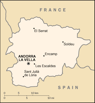 Travel map of Andorra, Pyrenees Travel map of Andorra, Pyrenees