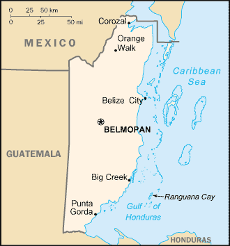Map of Belize in Central America