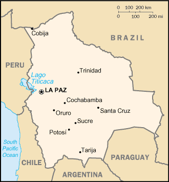 Map of Bolivia, South America