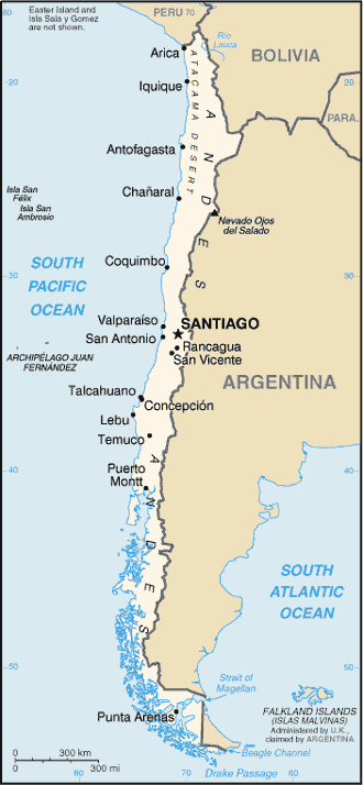 political & physical map of chile south america